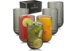 TKNO 6X 410ml Ribbed Highball Glasses Tall Hi Ball Glass Water Gin Juice Cocktail Drinking Glassware Origami Style Fluted Ripple Beverage Tumblers Set, Ideal for Home, Restaurant, Events & Parties
