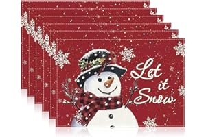 NVGVUP 6 Stück Platzset Weihnachten Abwaschbar, Tischset Weihnachten aus Leinen, Schneemann Platzdeckchen, Rot Weihnachts Platzsets, Weihnachts Tischset für Tischdekoration(45 x 30 cm)