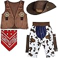 Azonee 4 Pcs Kids Cowboy Costume Dress Up Outfit for Boys Cowboy Chaps and Vest Set Hat with Bandanna for Boys Girls Birthday Kids Role Play Party Cosplay Size 120