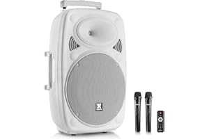 Vonyx Verve46 - Altavoz portátil autoamplificado de 1000W con batería, Bluetooth, subwoofer de 15", Reproductor USB/SD/MP3, Entrada AUX, 2 micrófonos UHF, Karaoke y Mando a Distancia, Color Blanco