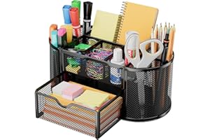 DHGKVK Schreibtisch Organizer,stiftehalter schreibtisch,Mesh Metall Desktop Büro Organizer mit 8 Stifthaltern und 1 Schublade,Es Platz zu Hause, in der Schule oder im Büro sparen. (Schwarz)