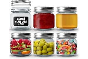 volila Mason Jars with Lids - 6 Pack 250ml Leakproof Glass Jars with Lids for Airtight Seal - Round Mason Jar with Silver Regular Lid, Black Labels and Pen