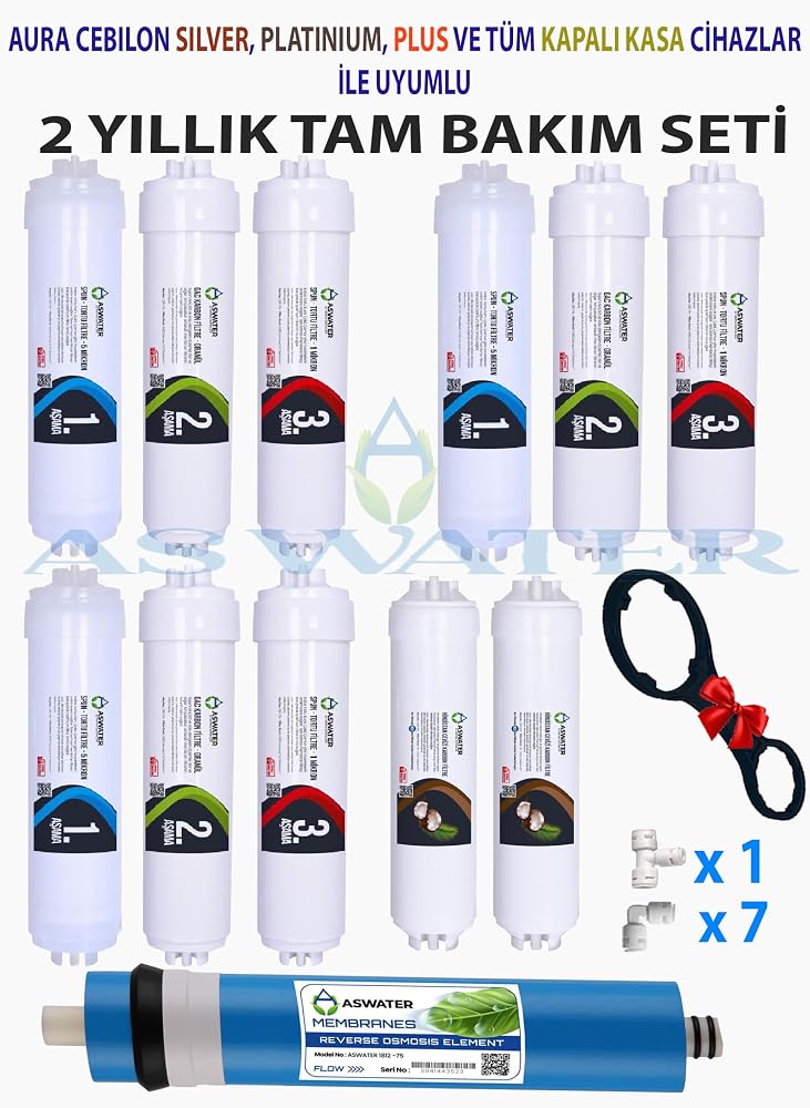 as water 2 Yıllık Tam Bakım Seti, Aura Cerilon Silver, Platinium, Plus ve Tüm Kapalı Kasa Cihazlar ile Uyumlu, 12 Adet Su Filtresi, 2 Adet Musluk Bağlantısı, 20 Adet Bağlantı Parçası