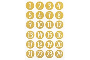 GEBETTER Adesivi Numeri Glitterati per Calendario Avvento Fai da Te, Adesivi 1-24 Sticker Numeri Oro Glitter Regalo Bambini Natale (2 Fogli Numeri, Forma Rotonda)