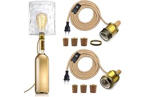 LQUNFYL E27 Portalampada per Bottiglia 2 Pezzi, 240 CM Corda di Canapa Cavo e Portalampada in Metallo Ceramica, Bronzo Lampada per Bottiglia con 3 Tappi di Sughero, DIY Lampada da Tavolo per Varie Bottiglie
