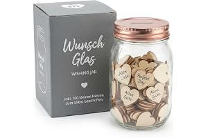 MIJOMA Wunschglas – Gästboksalternativ med 100 trähjärtan – Minnesglas för bröllop, födelsedag & dop – Glas med metalllock, 17,5 cm höjd