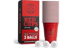 BEERBALLER® Logo Red Cups - 25 vasos rojos de Beer Pong & 3 pelotas de cerveza pong | aptos para lavavajillas y reutilizables | 473ml - 16oz| Original American Beerpong cups