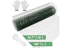 Aboofx Green Chicken Wire Netting, 118 x 15.7 in Chicken Wire for Foral Arrangements, Garden Poultry Chicken Wire Mesh, Hexagonal PVC Coated Galvanized Iron Wire, with 50 Zip Ties and 1 Pair of Glove