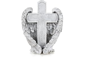 com-four® decorazione cimiteriale croce con ali d’angelo e iscrizione - pietra commemorativa resistente alle intemperie - ornamento funebre elegante con frase di conforto (1 pezzo - Croce/Ala)