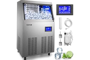 VEVOR Kommerzielle Eiswürfelbereiter, 60 kg/24 Stunden, Edelstahl-Eiswürfelbereiter mit 15 kg Lagerung, 220 V Eismaschine mit intelligenter LCD-Medienfeld, Wasserablaufpumpe für Bars, Restaurants usw.