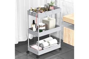 ‎SPACEKEEPER SPACEKEEPER Aufbewahrungswagen, Rollwagen mit 3 Ebenen, Nichenregal auf Rollen für Wäsche, Badezimmer, Küchenwagen mit 6 Haken und 2 Behälter, Grau