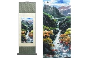 AtfArt Asiatische Wanddekoration, schöne Seidenrolle, vier Jahreszeiten, Landschaftsgemälde, Sommer, Herbst, Winter, Frühling, orientalische Dekoration, Schriftrolle, 99.1 x 30.5 cm (Herbst)