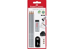 Faber-Castell 217079 - zestaw ołówków Grip 2001 Exam z 3 ołówkami, 1 gumką i 1 temperówką, srebrny/czarny