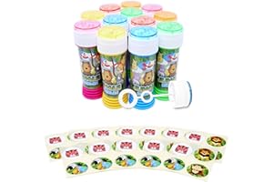 Anila's Themed Bubble Tubs with Wand & Stickers for Party Bag Fillers and Party Favours for Children -12 Jungle Bubble Tubs & 12 Sheets of Anila's Jungle Stickers. (Ideal for Children Aged 3-8)