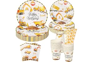 ACOMTUO Stoviglie per Feste di Compleanno per 20 Ospiti, Escavatore Cantiere Piatti e Bicchieri per Feste di Compleanno, Stoviglie da Escavatore per la Decorazione della Festa di Compleanno dei Bambini