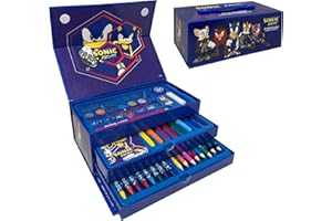 Cartoon - Estuche de color para niños Sonic Knuckles Tails Set 52 piezas de colores y papelería caja con cajones kit dibujo y pintura
