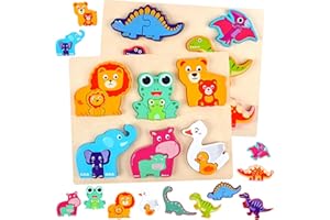 BBLIKE Drewniane puzzle, drewniane zabawki od 3, 4, 5 lat, drewniane puzzle edukacyjne, zabawka Montessori, zabawka dla dzieci, prezenty dla dziewcząt i chłopców (zwierzęta i dinozaury)