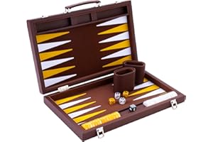 Engelhart - 250520 - Backgammon de Luxe 15 Pouces - 38 cm - Matériaux Haut de Gamme - Simili Cuir, Incrustation de Feutre Spécial - Dés et Jetons Nacrés + 2 Gobelets – Jeu Pro. et Loisirs (Marron)