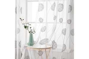 ‎MIULEE MIULEE Vorhänge mit Florales Stickerei, Gardinen Weiß mit Grau Muste für Wohnzimmer, Schlafzimmer Vorhang Transparent mit Ösen, 2er Set Voile Blumen Durchsichtig Vorhänge, Jeder H 145 X B 140cm