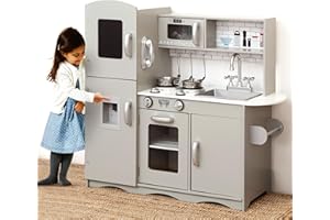 KIDOZ ONLINE KIDS SHOP KIDOZ Signature Kids Wooden Play Kitchen Boys Girls Pretend Toy with Sounds and Light Cooking Role Play Large Size 91.5x85.5x30cm - New Grey (with Utensil Toys)