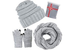 CheChury Femme Hiver Tricotés Bonnet Écharpe et Gants Ensemble Chauffant Bonnet Tricot Écharpe avec Gants d'écran tactile,3 Pièces