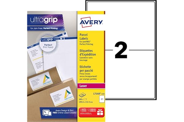 Avery Étiquettes Autocollantes Blanches, 200 Pièces, L7168-100, 199,6 x 143,5 mm, Papier A4, Feuille A4, Pour Imprimantes Laser, Anti-Bourrage, FSC Certifiées, Pour adressage et expédition