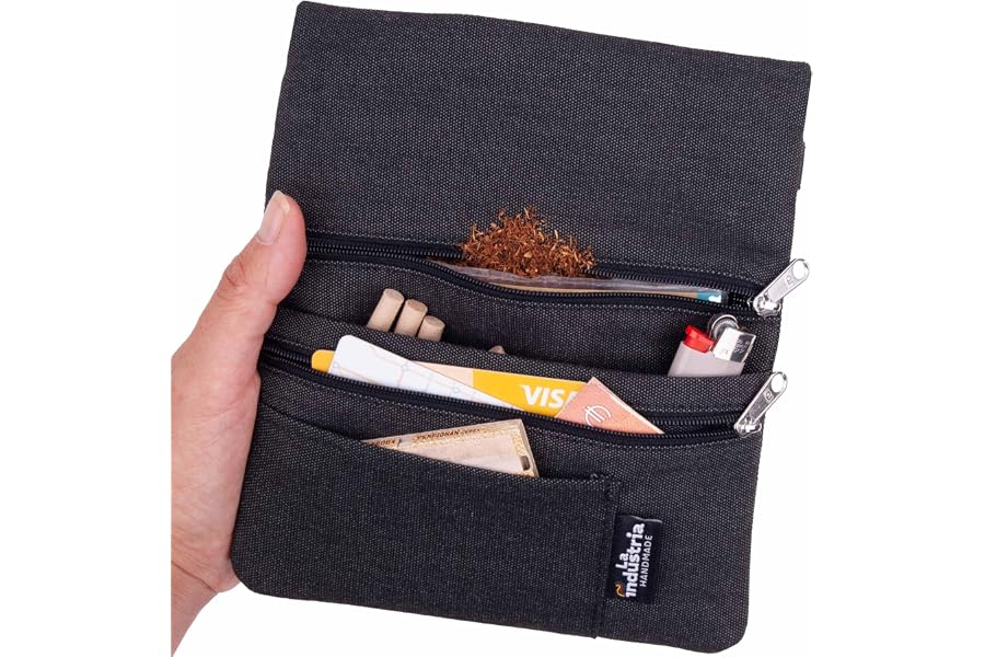 Blague à tabac à rouler hydrofuge - Pochette à tabac 30/50 g avec compartiments pour Feuilles, Filtres et Briquet (Noir)