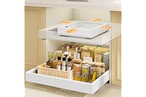 Mointal 2 Pezzi Cassetto Estraibile per Cucina 4 Direzioni, Cassetto Telescopico con Viti/Nastro Adesivo, Organizzatore per Mobili da Cucina, Larghezza 32-53 cm e Profondità 41,5-61 cm, Bianco