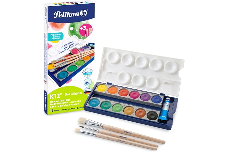 Pelikan K12 Deckfarbkasten inkl. 3 Pinsel Schulset | Pelikan K12 Deckfarbkasten, 12 Farben mit Deckweiß & Pinsel für die Schu