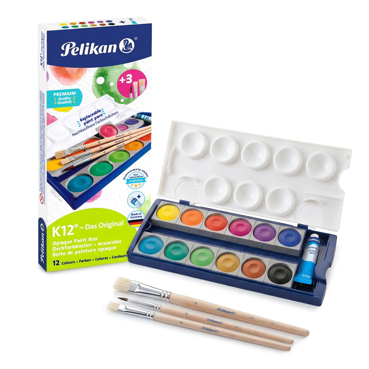 Pelikan K12 Deckfarbkasten inkl. 3 Pinsel Schulset | Pelikan K12 Deckfarbkasten, 12 Farben mit Deckweiß & Pinsel für die Schule