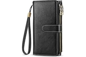 VOBUKE Portefeuille Femme Grand Format Porte Monnaie PU Cuir Vintage Porte Feuille pour Femme RFID Blocage Portefeuilles Grande Capacité Zippé Porte-Cartes pour 16 Cartes et Détachable Bracelet