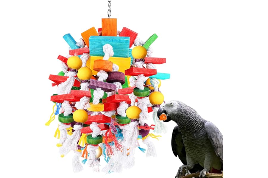 Jijizhazha Bird Chewing Toys, Multicolored Wooden Blocks, Best for African Grey Parrot, Macaws, Cockatoos & Amazon Parrots