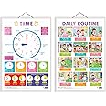 Set of 2 TIME and DAILY ROUTINE Early Learning Educational Charts for Kids | 20"X30" inch |Non-Tearable and Waterproof | Double Sided Laminated | Perfect for Homeschooling, Kindergarten and Nursery Students
