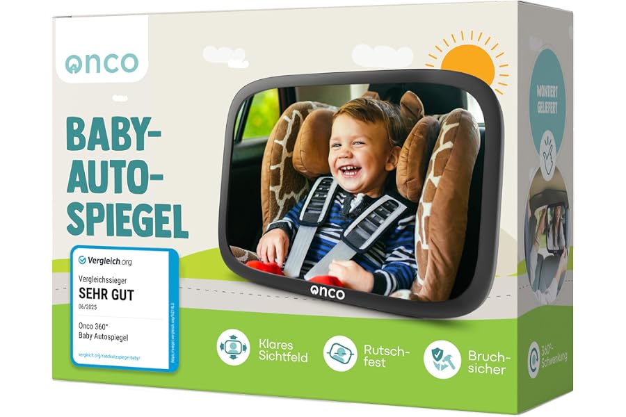 Onco Baby Autospiegel für den Rücksitz - 360° Drehbar, Vergleichssieger | Der bruchsicherer Rückspiegel fürs Auto bietet ein klares Sichtfeld zur optimalen Beobachtung von Babys auf der Rückbank.