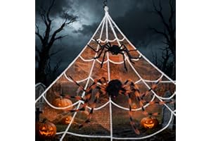ZSYIULIA Halloween Spider Web Set with 50" and 24'' Giant Spiders + 23ft Triangular Web & 20g Orange Stretch Spider Webs - Ultimate Scary Haunted House Decor for Garden, Porch, Party Halloween Decorations