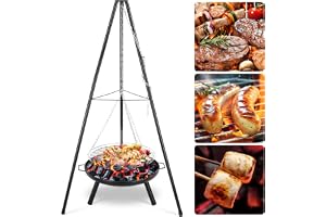 TLSUNNY Svängbar grill med eldskål, trebensgrill med eldskål och 200 cm justerbar kedja, Ø 68 cm eldkorg med handtag, 3 stycken ben, utomhus BBQ eldstad för grillning och uppvärmning