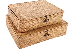 APACALI Juego de 2 cestas de hierba marina con tapa, cesta rectangular de ratán con tapa, cesta trenzada de algas marinas naturales, cestas de mimbre para estanterías, organización de algas marinas