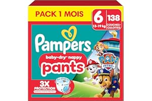 Pampers Baby-Dry Pants, Taille 6, 138 Couches-Culottes, 14-19kg, Maintien 360° et Poche Stop & Protect à La Rescousse Contre Les Fuites, Edition Limitée avec La Pat’Patrouille, Pack 1 Mois