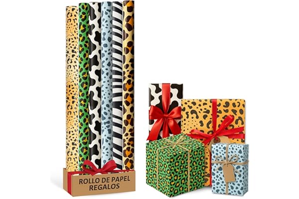 Rollo de papel para envolver regalos, Papel Regalo Cumpleaños, Papel Regalo Navidad, Papel navideño, Tamaño 70 cm x 2 Metros, Contiene 6 Rollos con diseños de estampados Animal Multicolor