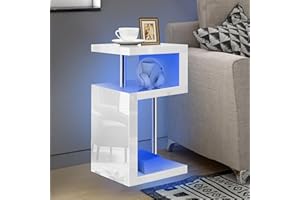 Blisswood High Gloss Coffee Table Small Side table With Storage Shelves, S Shape Tier Sofa End Table With Led RGB Lights Ractangle For Living Room Furniture (White)