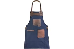 LEATHERSHIRE Top Grain Leather Blue Canvas Apron Butcher Apron - Cook Apron - BBQ Apron - Cooking Apron - DIY Apron - Woodwork Apron Gift for Him Gift for Her