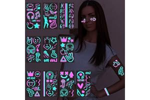 Konsait 10 Blätter Leuchttattoos für Kinder, Sicher und Einfach zu Verwenden Neon Tattoos hautfreundlich, Musiknoten Zahlen Kronen Schwarzlicht Tattoos