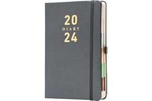 Mcdsuc 2024 Diary A5 Day to Page,Daily Planner Diaries 2024 from Jan to Dec 2024,Organiser Hardcover Day to Vview Diary with Color Tabs,Pen Holder,Inner pocket,400 Ivory Thick Pages, Black