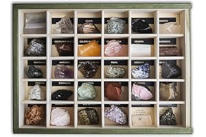MINERALES Y FOSILES NANO Colección de 30 Minerales del Mundo Premium en Caja de Madera Natural - Minerales Reales educativos de Gran tamaño con Hoja de descripción. Kit Geología para niños