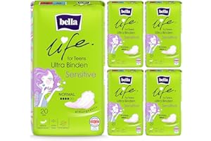 ‎BELLA bella life for teens Ultra Binden Sensitive Normal | dermatest: SEHR GUT | ultradünne Binden für Teenager im 5er Pack (5 x 20 Stück) | mit Flügeln und parfümfrei