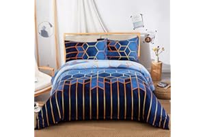 DJY Blue Geometric Duvet Cover Golden Stripes Soft Microfiber Duvet Cover Set, Reversible Lightweight Bedding Sets 3pcs with Zipper Closure (King, 220x230cm)