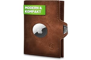 GENTO DESIGN GERMANY GenTo SMARTLET AIR portfel Slim Wallet – portfel z przegródką na monety – uchwyt na Apple AIRTAG – certyfikat TÜV ochrony RFID NFC – mały miniportfel – cienkie wąskie etui na karty dla mężczyzn i kobiet – w zestawie pudełko na prezent, ciemnobrązowy, matowy., AirTag | Großes Münzfach | Druckknopf
