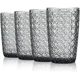 Joeyan 380ml 13oz Grey Glass Water Glasses with Vintage Embossing,Set of 4 | Highball Glassware Glassware, Water Cups for Sod