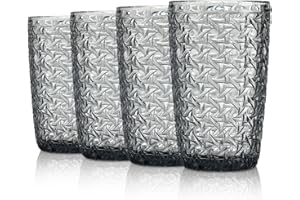 Joeyan Gris Verre a Eau,Empilable Verres à Boire Gobelet Vintage en Relief Fleur,Verres à Longdrink,pour Jus Boissons Bière Cocktail,380 ML,Lot de 4,Sécurité au Lave Vaisselle