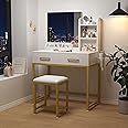 SKY-TOUCH Vanity Desk Chair Set with Mirror : Makeup Table with Stool Dressing Table with Storage Drawer Shelves Vanity Table with Lots Storage for Bedroom (White)